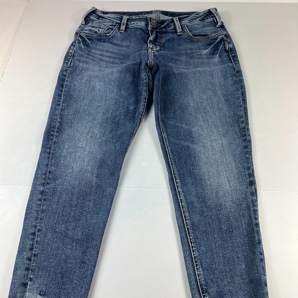 Silver Jeans Women's 27 Kenni Crop Blue Fade Stretch Step Frayed Hem Denim Pants